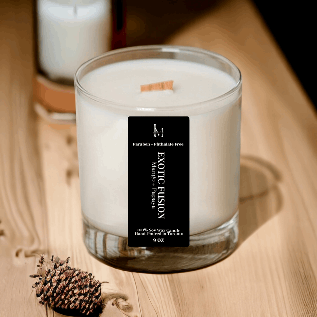 Mango + Papaya Scented Soy Wax Candle With a Wooden Wick - Exotic Fusion